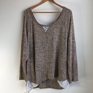 Lane Bryant tan top with white lace insets